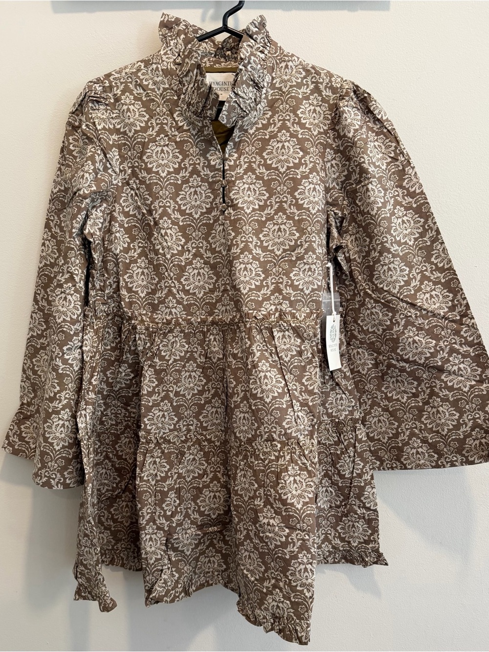 Hyacinth House Moss Printed Russell Mini Dress Size M Olive Damask Bell Sleeve